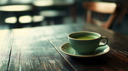 A single tea cup filled with matcha, placed on dark wood with space to add text in a promotional image.の素材