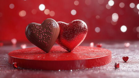 A round red stage with chocolate designs, two hearts, and a sparkling glitter gradient for a Valentine's Day backdrop.の素材