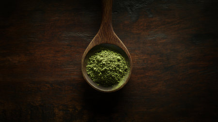 A small wooden spoon filled with matcha powder, placed on a dark wood surface, leaving space for text.の素材