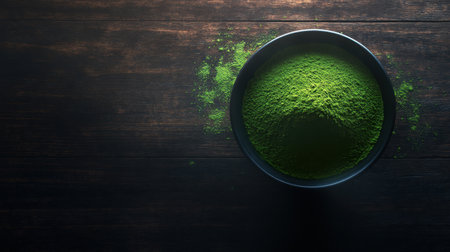 A rustic bowl filled with vibrant green matcha powder, set on a dark wooden background, perfect for wellness advertising.の素材