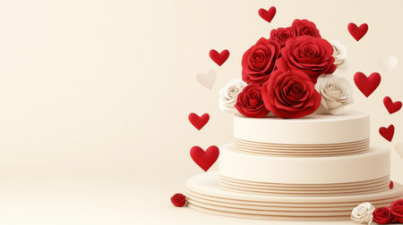 A soft Valentine's background with a red rose-decorated platform and paper hearts on a gentle beige gradient.の素材