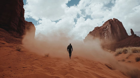 A scenic desert view with dust clouds swirling and a lone traveler shielding their face.の素材