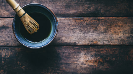 A rustic wooden surface featuring a bowl of matcha and bamboo whisk, leaving a clean space for adding text.の素材
