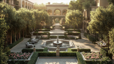 A sophisticated French garden featuring fountains, flower beds, and a cozy villa surrounded by greenery.の素材