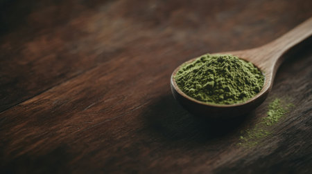 A small wooden spoon filled with matcha powder, placed on a dark wood surface, leaving space for text.の素材