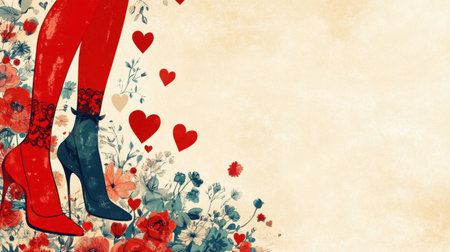 A surreal Valentine's Day illustration with a vivid red platform, floral accents, and paper hearts on a warm beige background.の素材