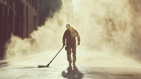 A street cleaner spraying water to settle dust on a busy urban road surrounded by hazy airの素材