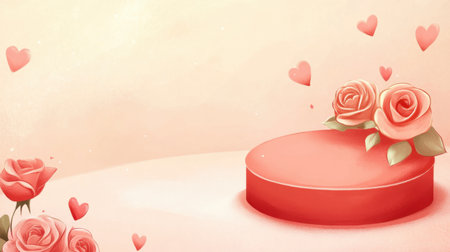 A soft beige gradient Valentine's illustration featuring a circular red stage with roses and hearts.の素材
