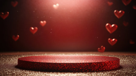 A sparkling Valentine's backdrop with a round red stage, chocolate patterns, and hearts on a glitter background.の素材