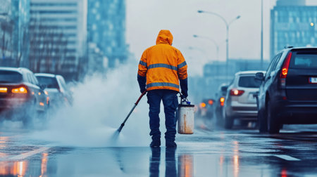 A street cleaner spraying water to settle dust on a busy urban road surrounded by hazy airの素材