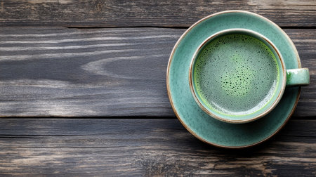 A single tea cup filled with matcha, placed on dark wood with space to add text in a promotional image.の素材