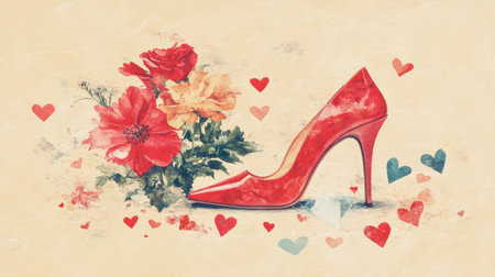 A surreal Valentine's Day illustration with a vivid red platform, floral accents, and paper hearts on a warm beige background.の素材