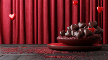 A romantic Valentine's Day scene showcasing a chocolate-decorated red stage, hearts, and a glittery gradient.の素材