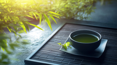 A simple matcha tea setup on dark wood with a perfect spot for text addition for product ads.の素材
