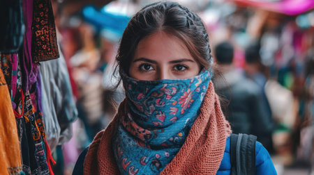A street vendor covering their mouth with a scarf on a dusty day in a crowded marketplace.の素材