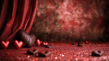 A romantic Valentine's Day scene showcasing a chocolate-decorated red stage, hearts, and a glittery gradient.の素材