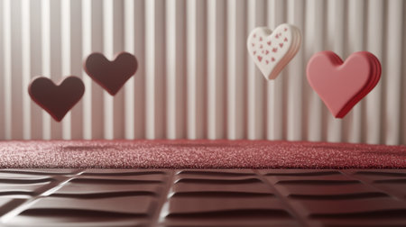 A shimmering Valentine's design with a red chocolate-patterned stage and paper hearts on a glitter gradient.の素材