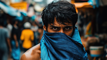 A street vendor covering their mouth with a scarf on a dusty day in a crowded marketplace.の素材