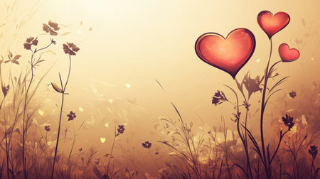 A Valentine's Day fantasy design with a glowing red platform, floral accents, and hearts on a warm beige gradient.の素材