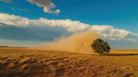 A swirling dust storm over an arid plain, with a lone tree standing amidst the harsh conditions.の素材