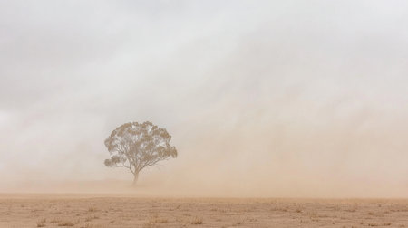 A swirling dust storm over an arid plain, with a lone tree standing amidst the harsh conditions.の素材