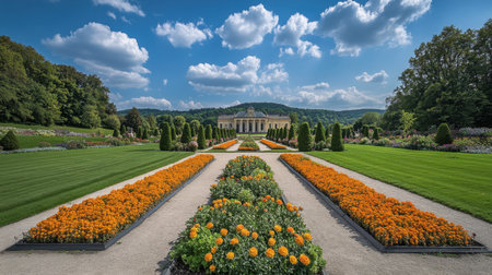 A symmetrical arrangement of flower beds and ornate topiary in a French garden, with a stone chateau in the distance.の素材