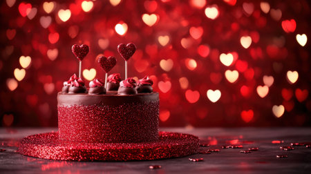 A Valentine's Day masterpiece featuring a chocolate-decorated red stage, hearts, and a glittery gradient backdrop.の素材