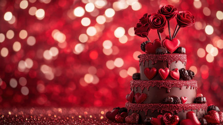 A Valentine's design showcasing a red stage with chocolate accents and hearts, set on a sparkling glitter backdrop.の素材