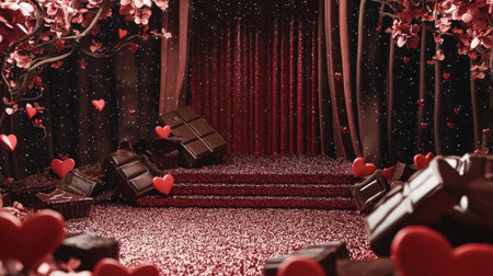 A Valentine's Day-themed illustration with a red stage, chocolate accents, and hearts on a glitter background.の素材