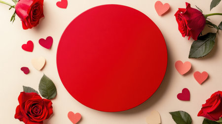 A vibrant red circular platform surrounded by roses and paper hearts on a soft beige gradient for Valentine's Day.の素材