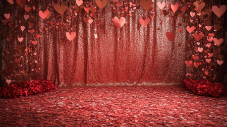 A whimsical Valentine's Day scene featuring a chocolate-patterned red stage, paper hearts, and a glitter background.の素材