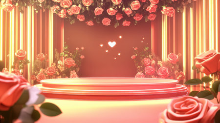 A vibrant Valentine's Day backdrop with a glowing red stage and roses on a warm beige gradient setting.の素材