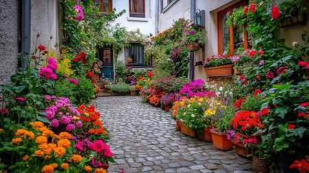 A colorful array of flowers arranged around a cobblestone courtyard, with a French-style home in the backdrop.の素材