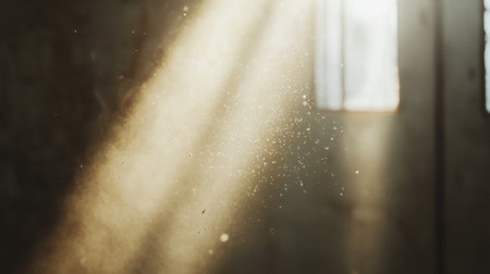 A close-up of dust and pollen particles floating in a beam of sunlight inside a room.の素材