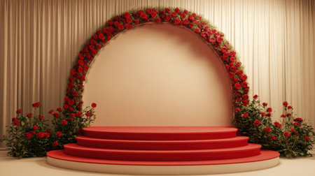 A vibrant Valentine's Day backdrop with a glowing red stage and roses on a warm beige gradient setting.の素材