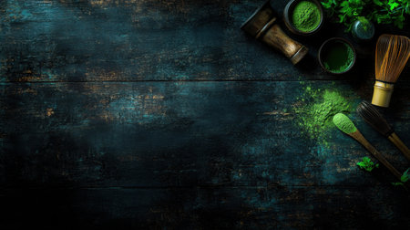 An overhead view of matcha tea tools, powder, and whisk placed on a dark wooden table with text space.の素材
