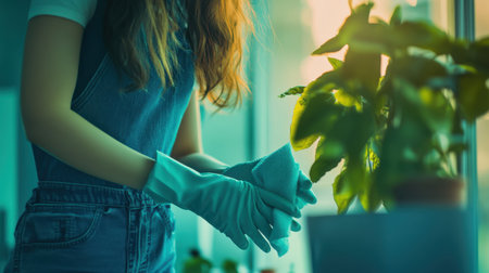 A woman cleaning a dusty windowsill with gloves and a damp cloth to prevent airborne germs.の素材