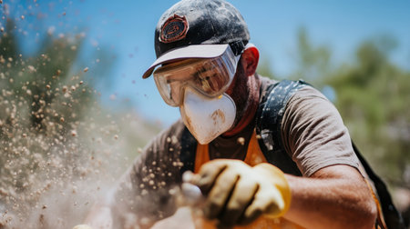 A gardener wearing gloves and a mask while working in a dusty, windy outdoor environment.の素材