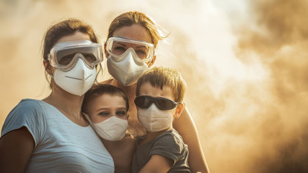 A family wearing masks and goggles standing outdoors in a dust-polluted area, staying protected.の素材