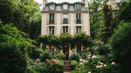 Blooming rose bushes and hydrangeas surrounding a charming French house with lush greenery.の素材
