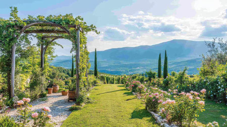 A romantic garden in the French style with trellises, climbing roses, and a peaceful countryside backdrop.の素材