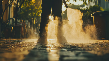 A person spraying water on a dusty driveway to settle dust particles during cleaning.の素材