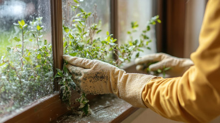 A woman cleaning a dusty windowsill with gloves and a damp cloth to prevent airborne germs.の素材