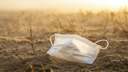 A protective mask placed next to a dusty outdoor scene, emphasizing the importance of prevention.の素材