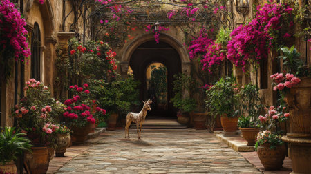 A peaceful French garden with blooming flowers, trellises, and cobblestone paths near a rustic villa.の素材