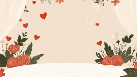 A whimsical Valentine's illustration with a red rose-adorned circular stage and hearts on a beige background.の素材