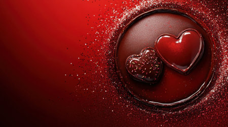 A round red stage with chocolate designs, two hearts, and a sparkling glitter gradient for a Valentine's Day backdrop.の素材