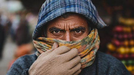 A street vendor covering their mouth with a scarf on a dusty day in a crowded marketplace.の素材