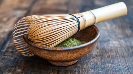 A rustic bowl of matcha powder and bamboo whisk on dark wood, ideal for healthy product promotions with text spaceの素材
