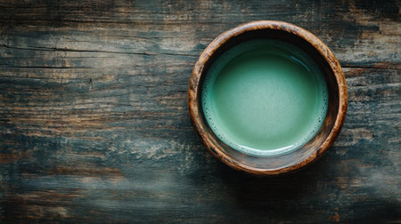 A smooth wooden bowl filled with matcha powder, placed on a dark wooden table, with clear text copy space.の素材